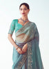 Aqua Blue Embroidered Designer Tissue Saree