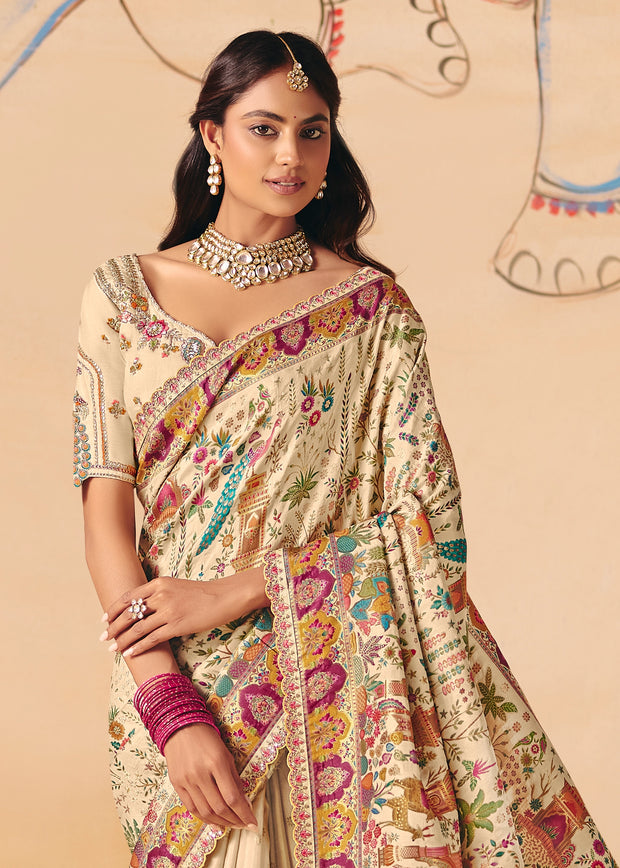 Cream White Designer Embroidered Saree