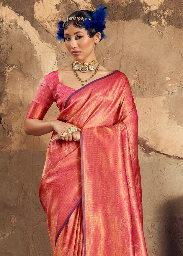 Coral Pink Woven Kanjivaram Silk Saree