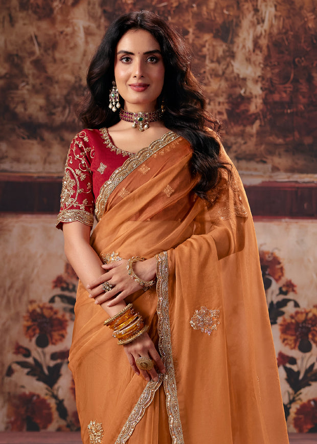Rust Orange Designer Organza Saree With Embroidered Blouse