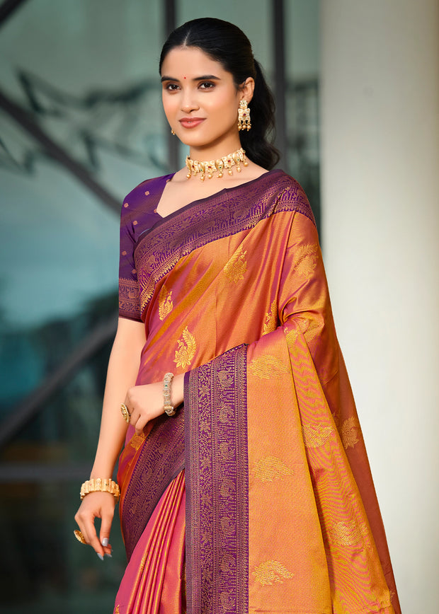 Apricot Orange Dual Tone Woven Banarasi Silk Saree
