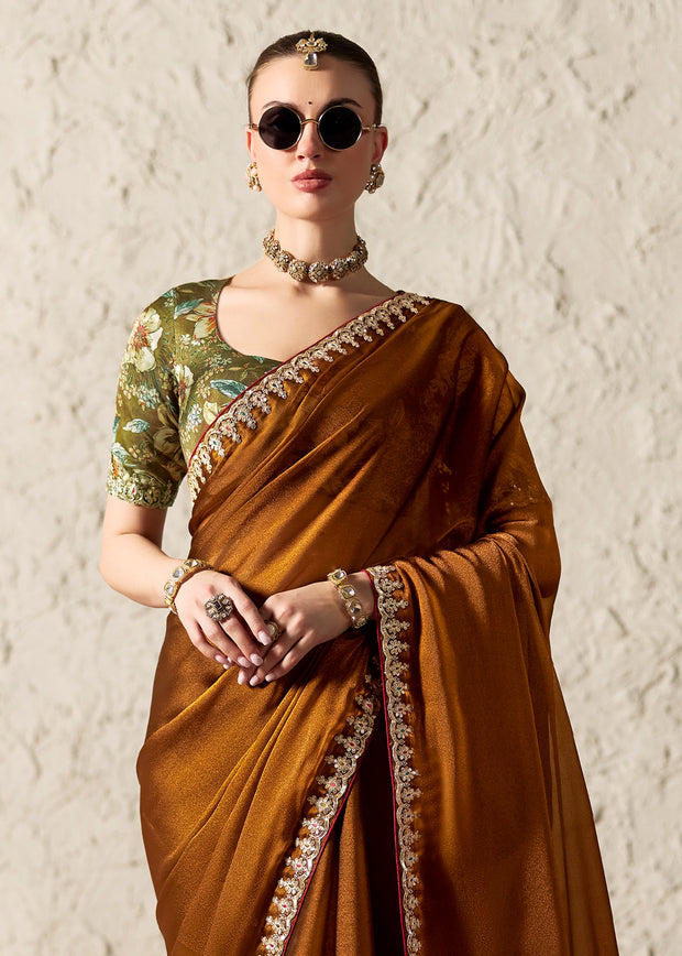 Copper Brown Designer Organza Tissue Silk Saree With Printed Blouse