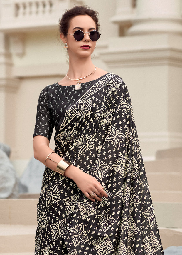 Black Printed Cotton Silk Saree
