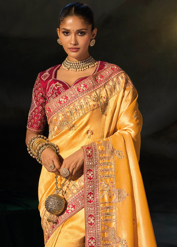 Mustard Yellow Embroidered Silk Saree