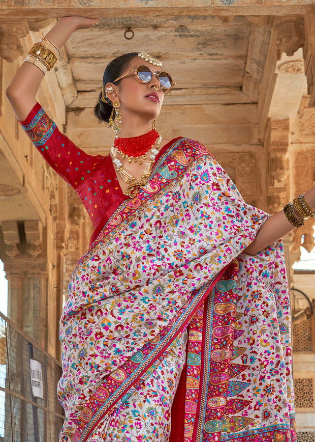 White Multicolor Printed Kashmiri Jamewar Saree