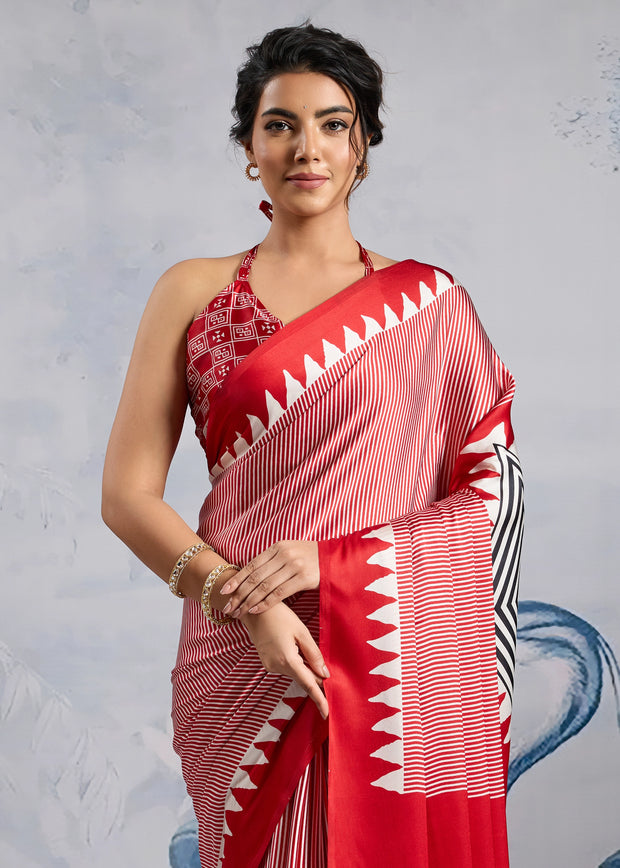 Cherry Red Printed Satin Silk Saree