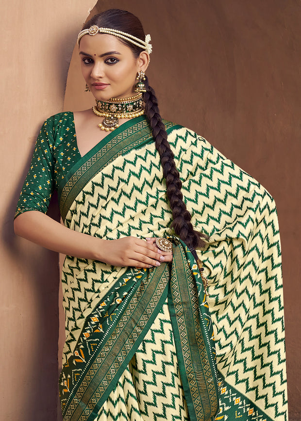 Green And Cream Printed Patola Silk Saree