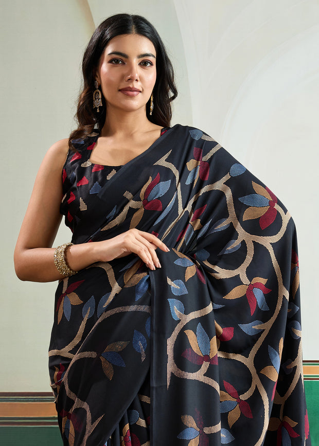 Midnight Black Printed Satin Silk Saree