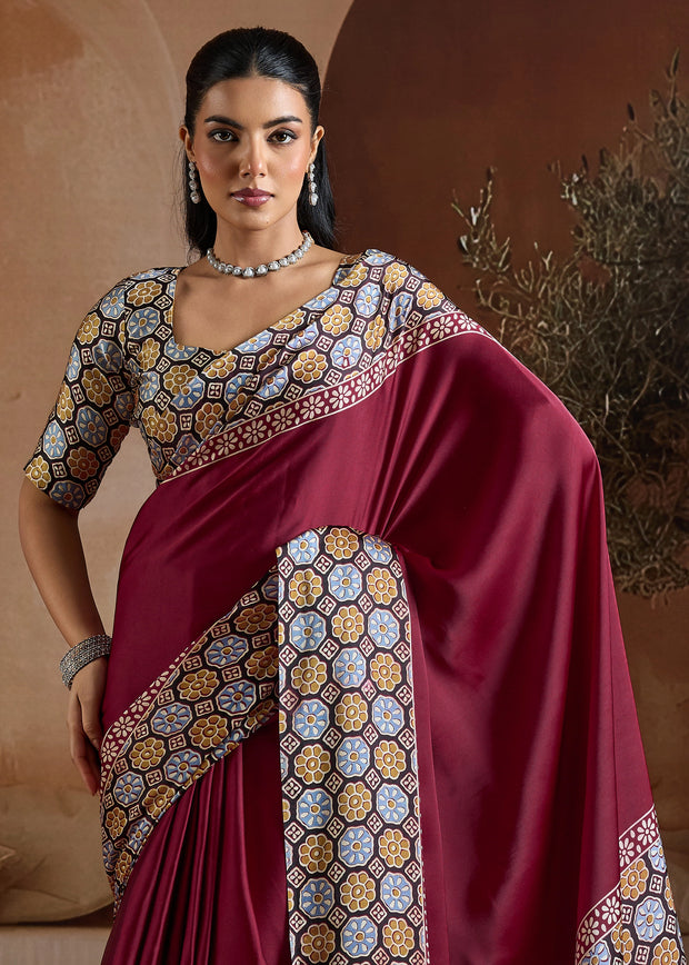 Maroon Red Printed Satin Silk Saree