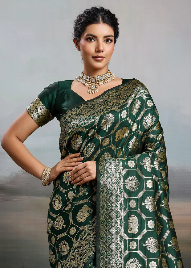 Bottle Green Woven Banarasi Silk Saree