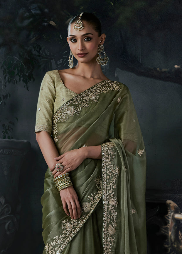Olive Green Embroidered Designer Saree