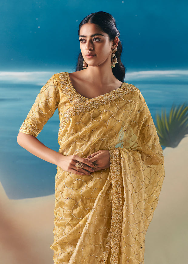 Pastel Yellow Satin Organza Embroidered Saree