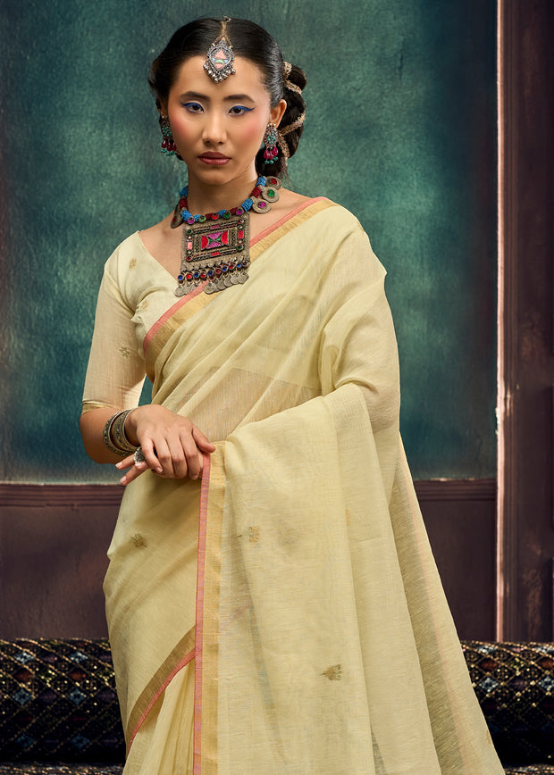 Cream Yellow Woven Cotton Silk Saree