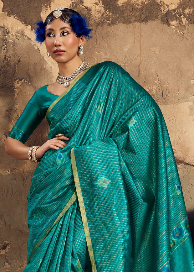 Turquoise Green Woven silk saree