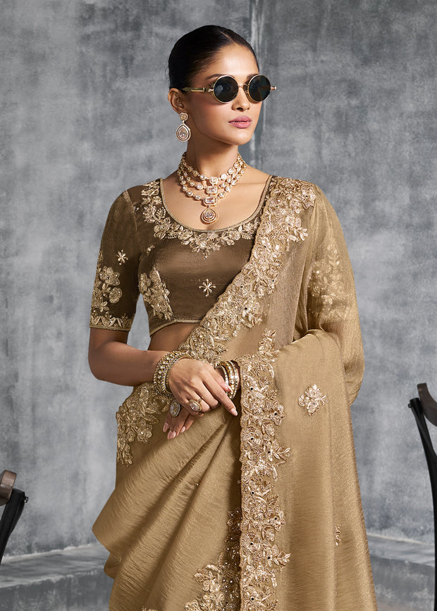 Almond Beige Embroidered Tissue Silk Saree