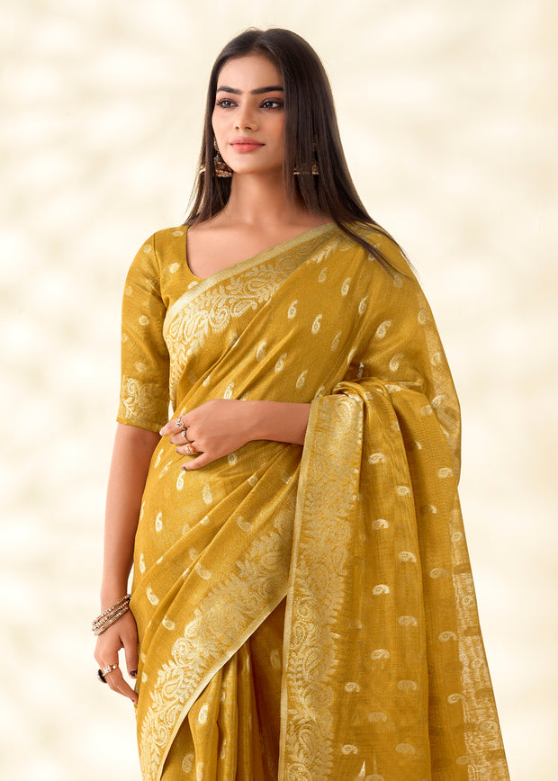 Mustard Yellow Woven Linen Tissue Silk Saree