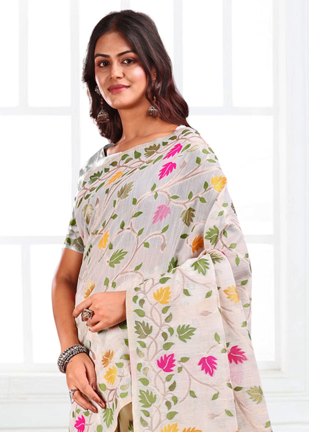 Moon White Woven Linen Cotton Silk Saree