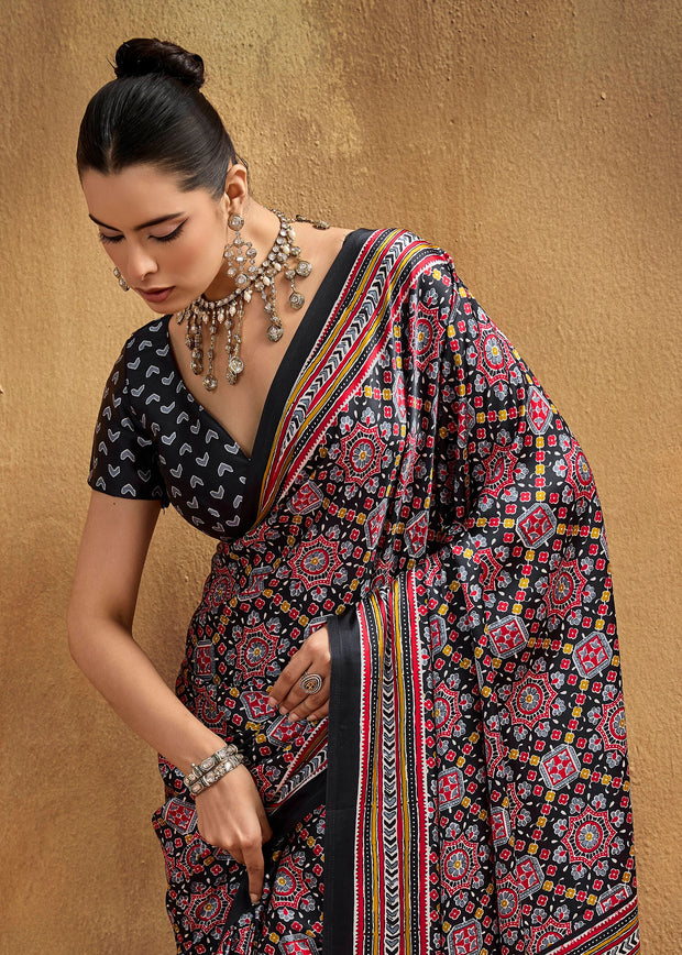 Black Printed Satin Silk Saree