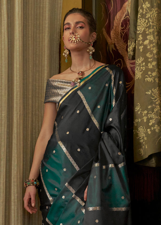 Hunter Green Rangkat Satin Silk Saree
