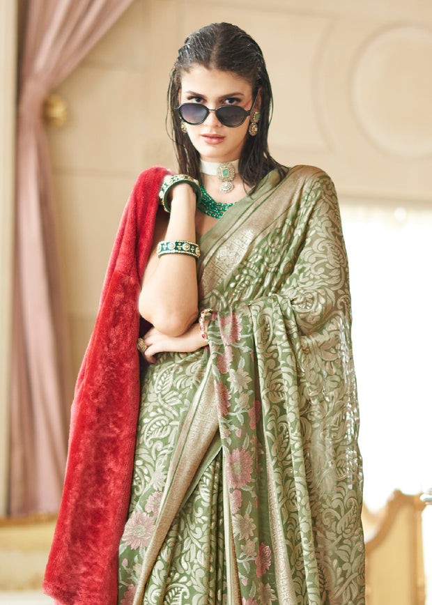 Mellow Green Printed Georgette Silk Saree