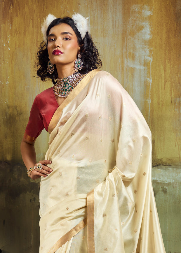 Off White Banarasi Tusser Silk Saree