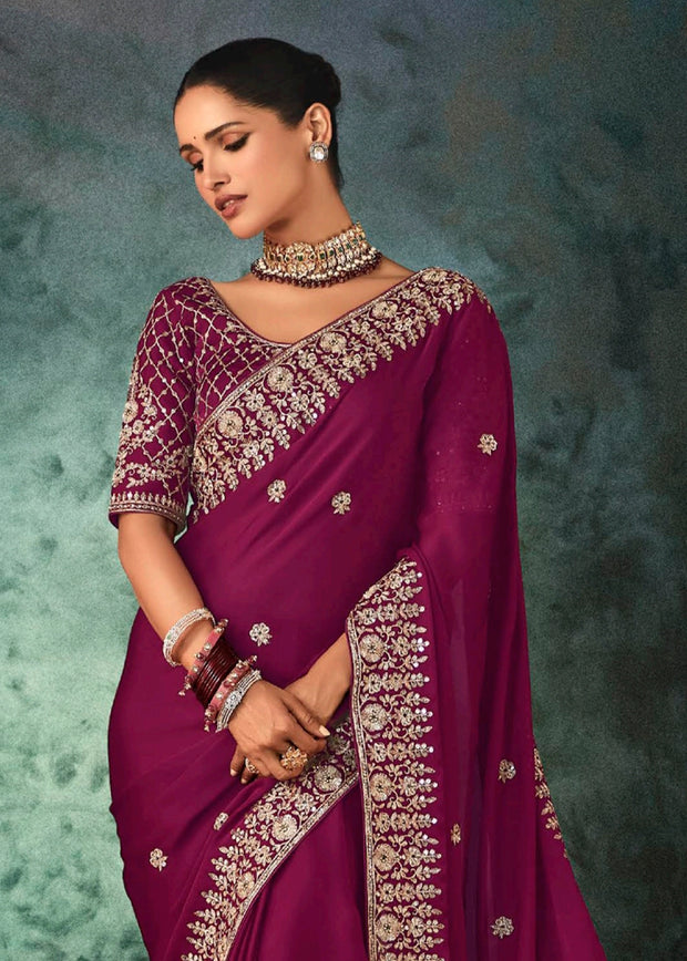 Magenta Purple Designer Embroidered Saree