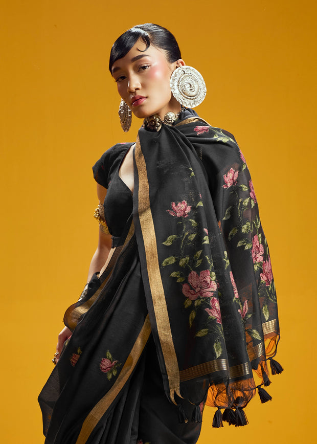 Black Woven Munga Cotton Silk Saree