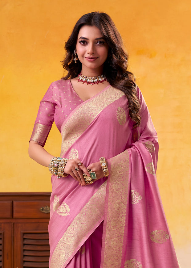 Lilac Pink Woven Tusser Silk Saree
