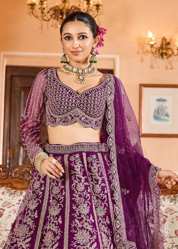 Regal Violet Embroidered Net Lehenga