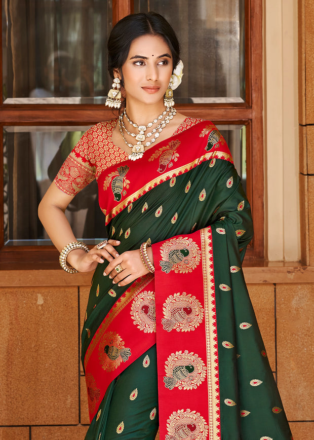 Green & Red Woven Banarasi SIlk Saree