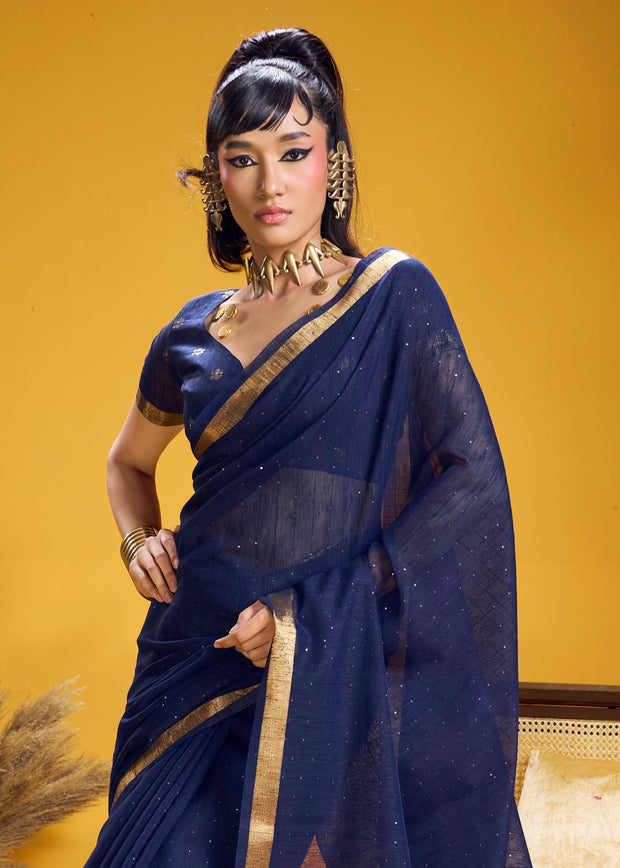 Navy Blue Woven Cotton Silk Saree