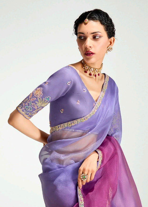 Purple Ombre Designer Tissue Saree With Embroidered Blouse
