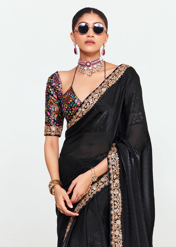 Jet Black Designer Embroidered Tissue Saree