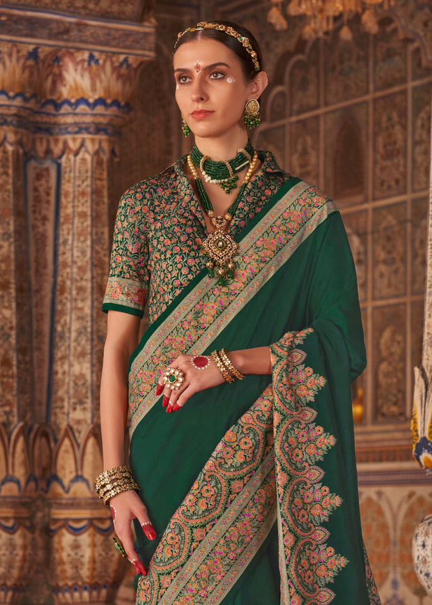 Bottel Green Printed Kashmiri Jamewar Saree