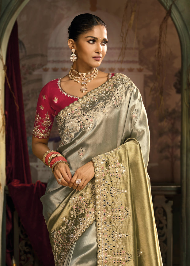 Shine Grey Embroidered Designer Tissue Saree
