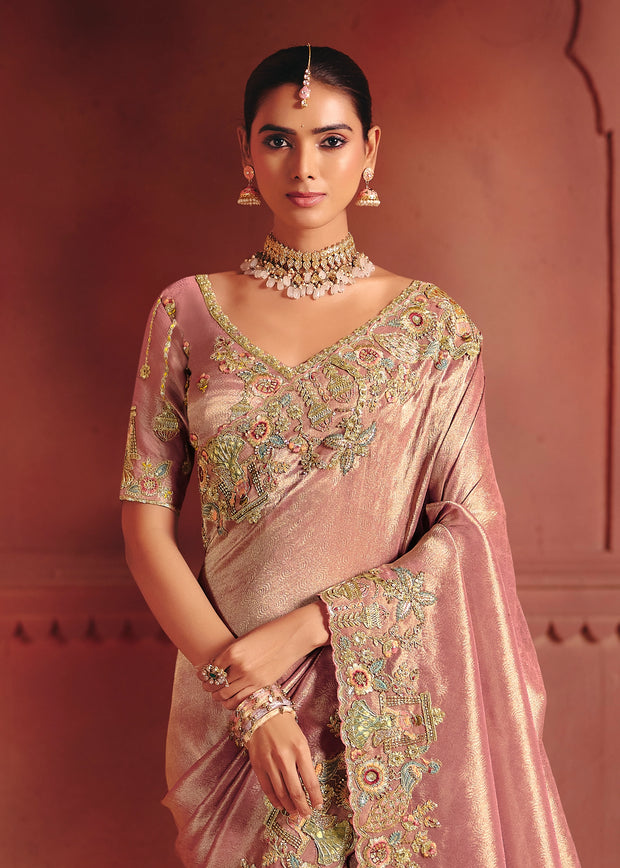 Rose Pink Designer Embroidered Saree