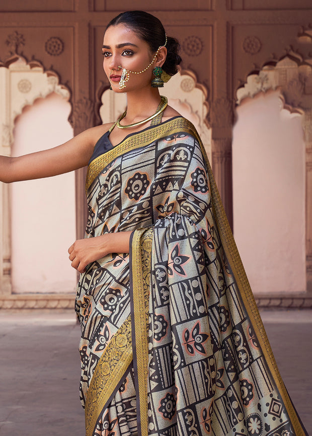 Drizzle Grey Banarasi Digital Printed Silk Saree