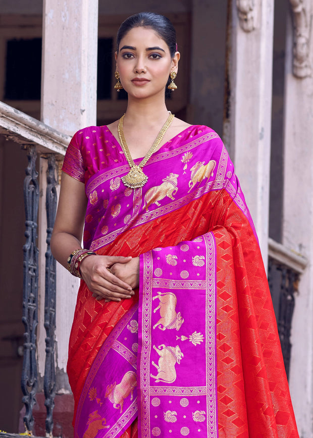 Red And Purple Woven Banarasi Silk Saree
