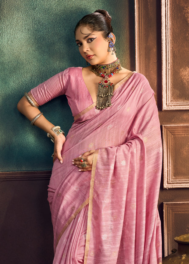 Onion Pink Woven Munga Cotton Silk Saree