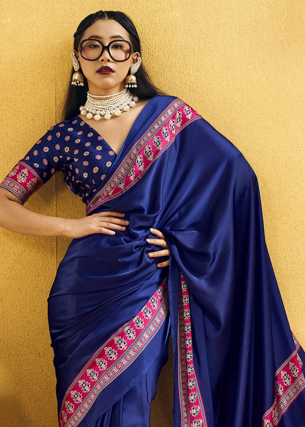 Royal Blue Satin Silk Saree with Ajrakh Printed Pallu and Blouse