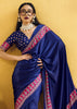 Royal Blue Satin Silk Saree with Ajrakh Printed Pallu and Blouse