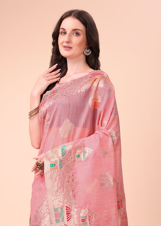 Pastel Pink Woven Linen Cotton Silk Saree