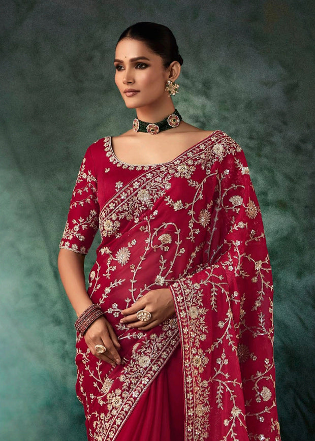 Tango Red Embroidered Designer Saree