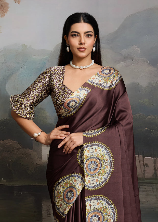 Chocolate Brown Printed Satin Silk Saree