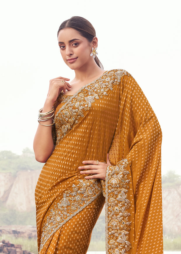 Dusky Orange Woven Embroidered Satin Silk Saree