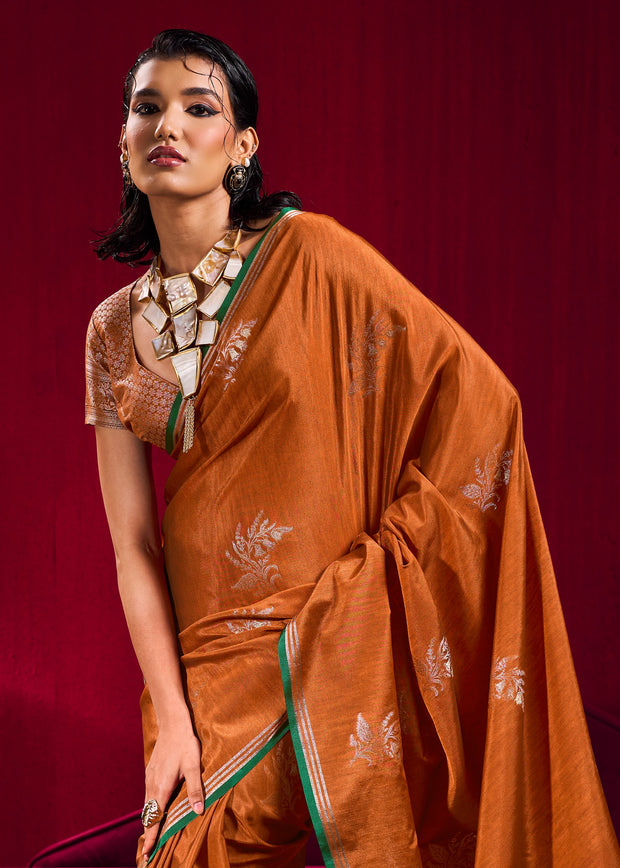 Burnt Orange Woven Banarasi Satin Linen Silk Saree