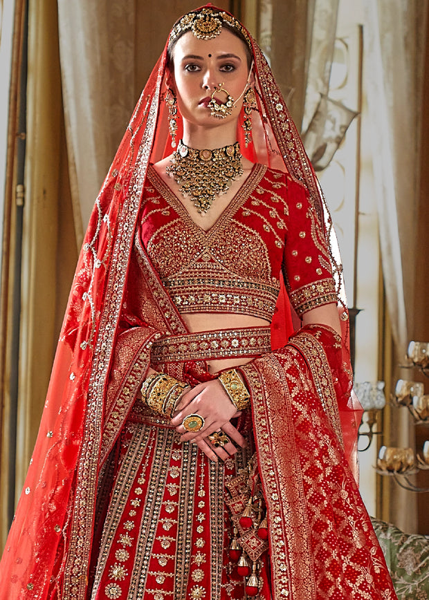 Festive Red Heavy Embroidered Designer Lehenga