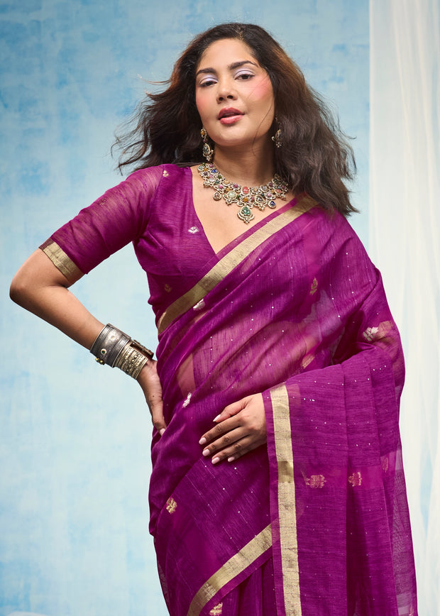 Wine Purple Woven Cotton Silk Saree