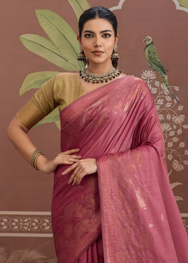 Carmine Pink Woven Tussar Silk Saree