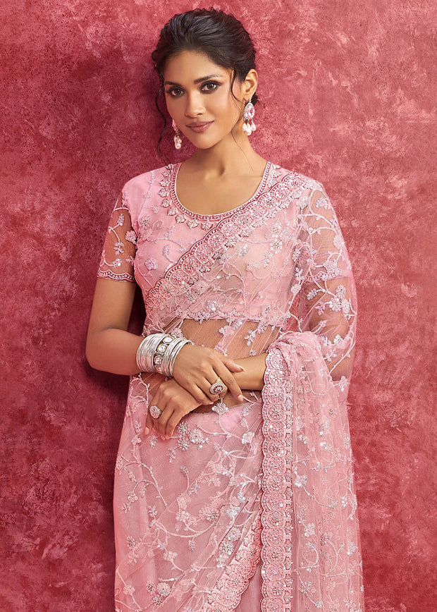 Pink Embroidered Designer Net Saree